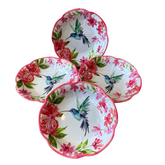 SOHO LOFT Hummingbird Pink Floral Melamine Salad Bowls 8in Set of 4 Spring NEW - Picture 8 of 15
